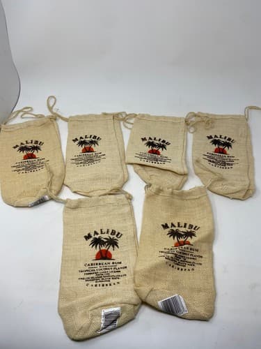 Malibu Caribbean Rum Burlap Drawstring Bottle Bags Lot of 6 Palm Tree Bar Decor